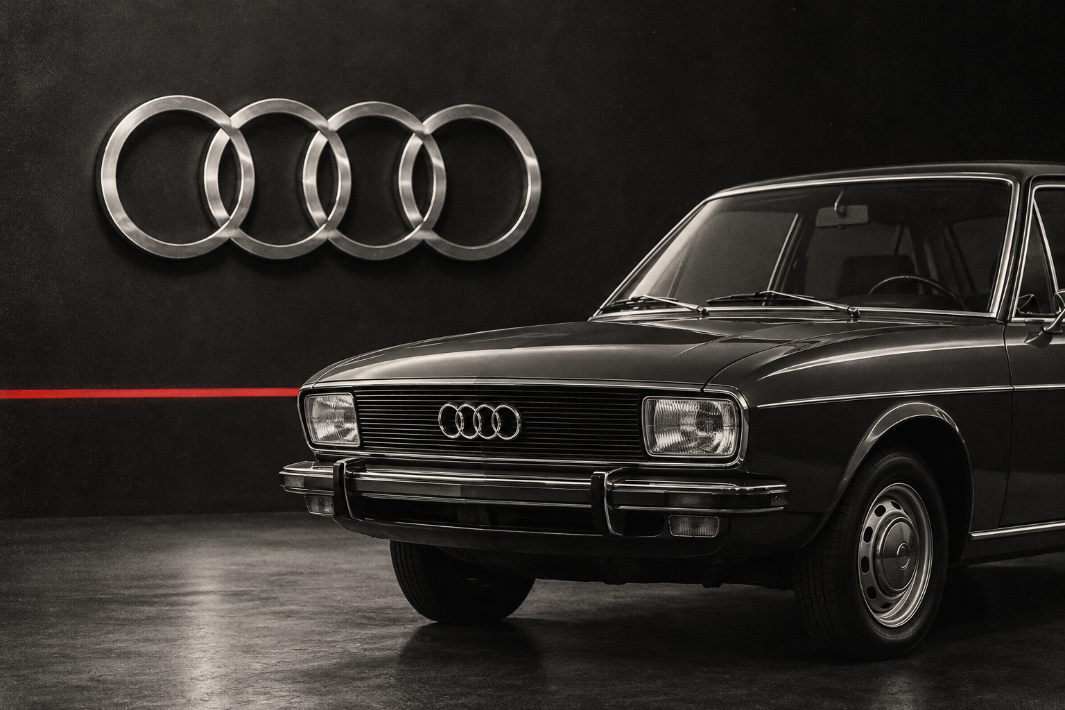 Vier Audi-Ringe an einer dunklen Wand neben der Front eines klassischen Audi.